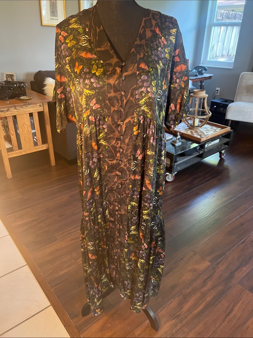 Johnny Was Workshop silk dress butterflies and leopard prints size medium NWT